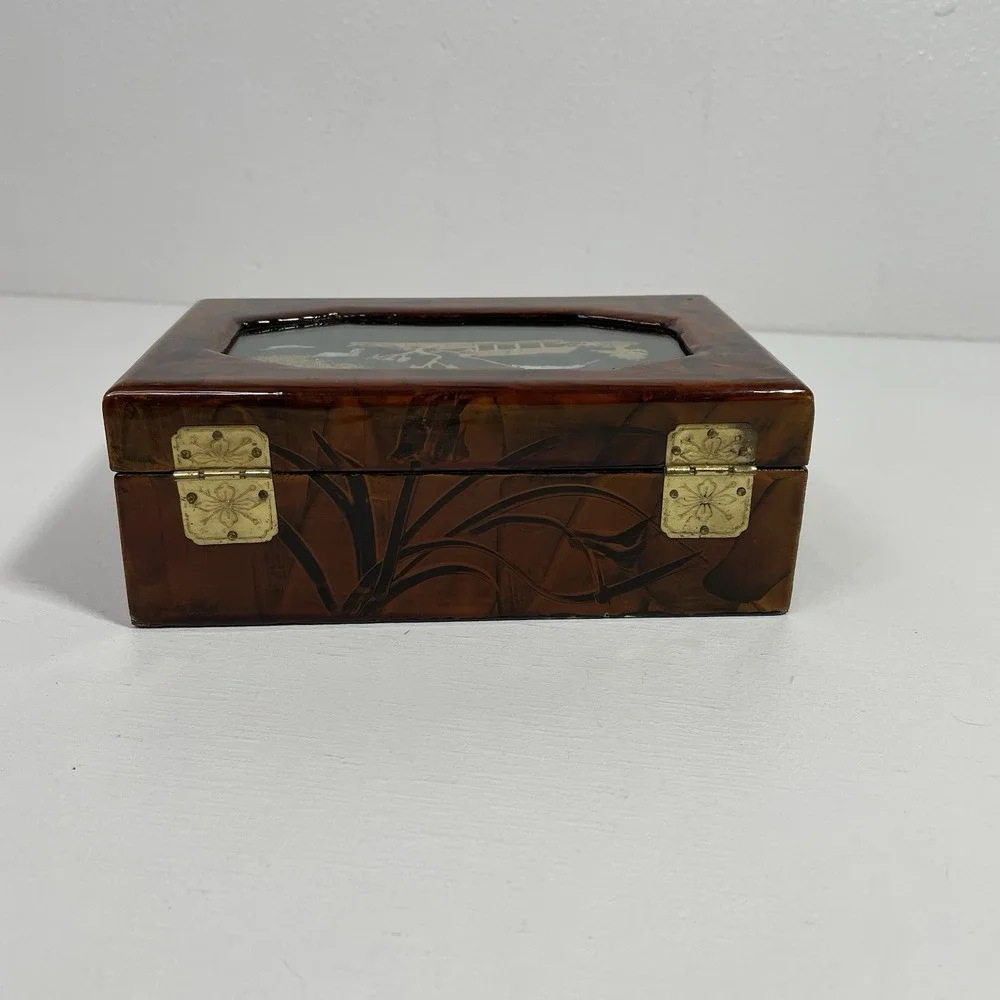 VTG Carved Crane Glazed Wooden Jewelry Trinket Box Red Lining Republic of China